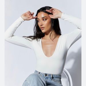 Meshki: Nia Long Sleeve V Neck Bodysuit - White